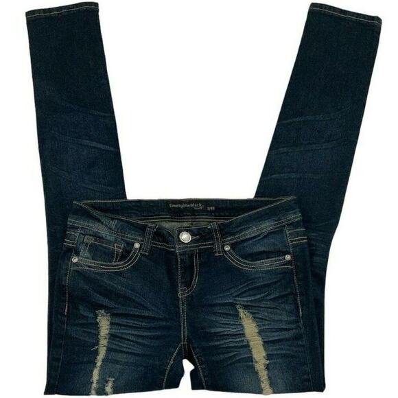 Twentyone Black By Rue Jeans Teens Size 3/4 Skinny Distressed Whiskers Denim - Picture 7 of 12